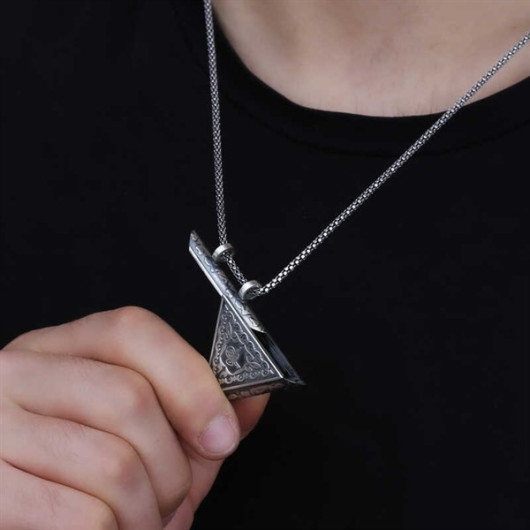 Triangle Openable Tuğra Amulet Silver Necklace