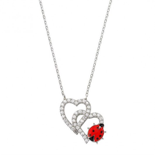 Pb Ladybug Double Heart Women's Sterling Silver Necklace