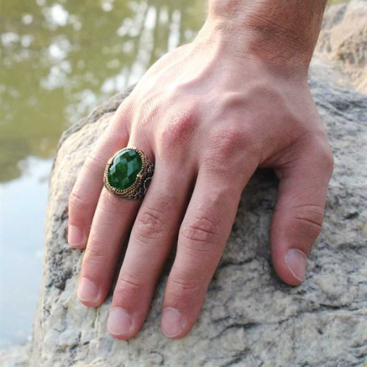 Green Zircon Stone Men's Silver Ring