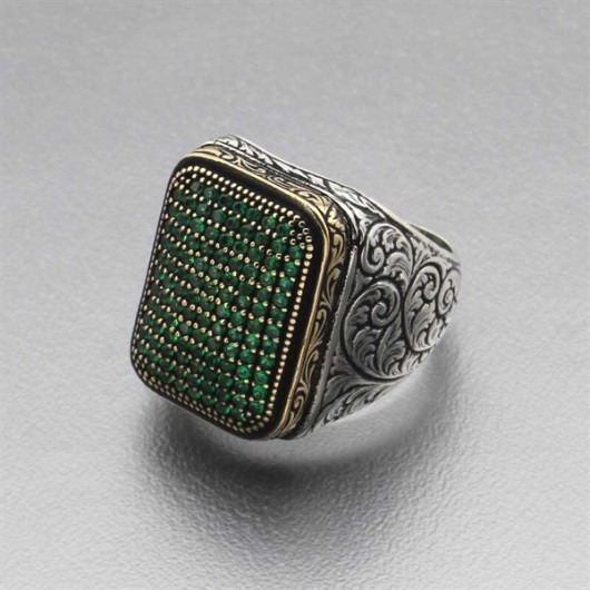 Square Men's Silver Ring With Green Zircon Stone