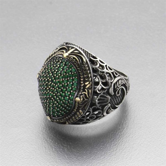 Oval Men's Silver Ring With Green Zircon Stone