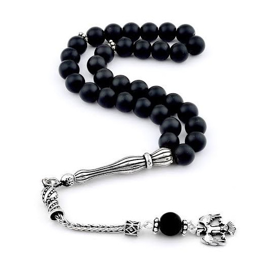 Rosary Of 925 Silver And Onyx Stone With A Tassel In The Shape Of Two Eagle Heads, Matt/Matt Color