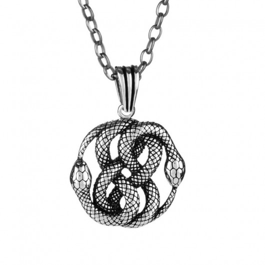 925 Sterling Silver Double Snake Motif Men's Necklace With Chain Model2