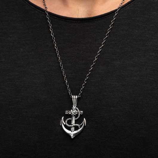925 Sterling Silver Sailor Anchor Men's Necklace Chain Model2