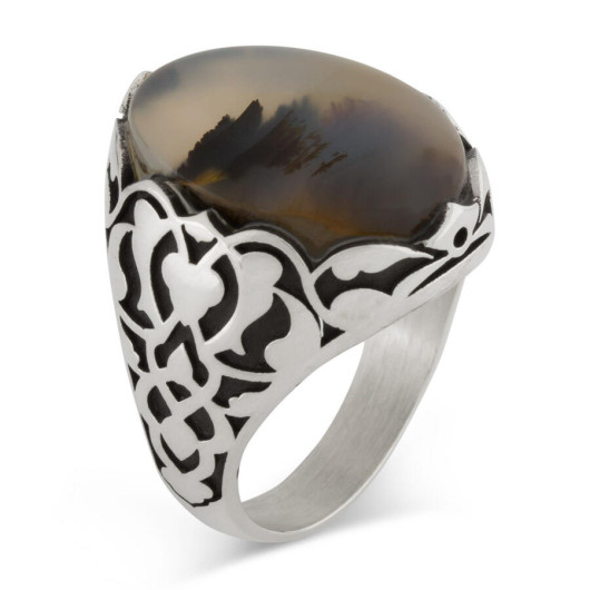 925 Silver Men's Ring Engraved With Precious Stones