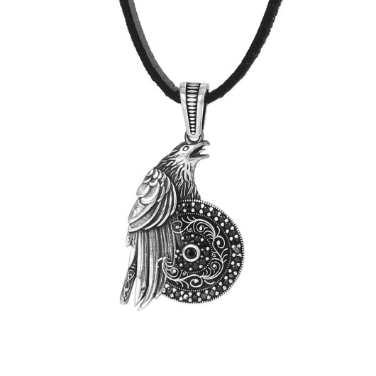 925 Sterling Silver Men's Mini Stone Embroidered Eagle Necklace With Leather Cord