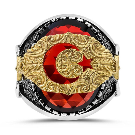 خاتم رجالي من الفضة عيار 925 مرصع بحجر أحمر وبتصميم خاص شكل هلال ونجمة
