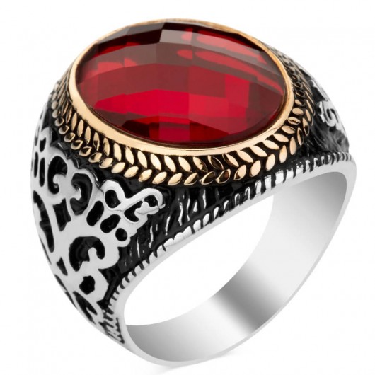 925 Sterling Silver Red Zircon Stone Men's Ring