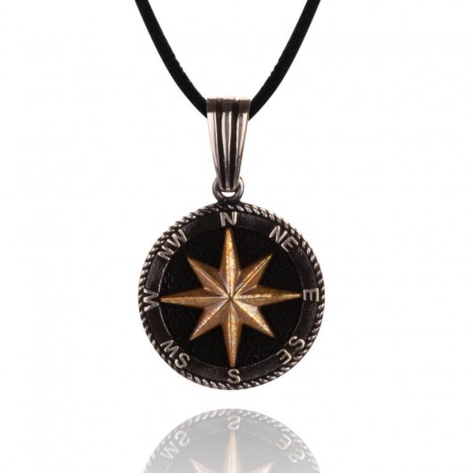 925 Sterling Silver North Star Compass Necklace (Leather Cord)