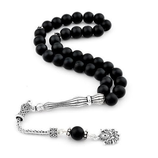 925 Silver Tassel Rosary With An Ottoman Design, Matte/Matte Onyx Stone