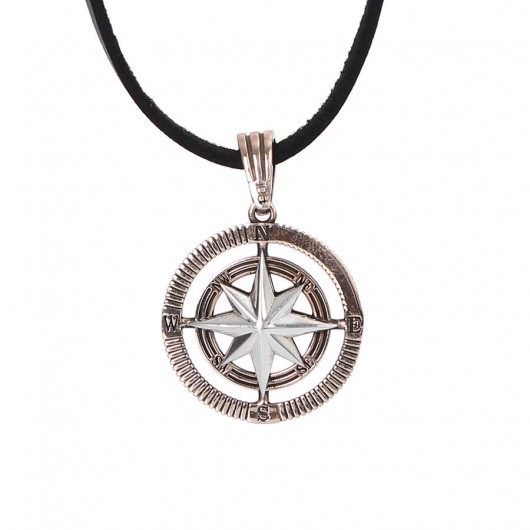 925 Sterling Silver Compass Men's Necklace Bronze-Silver Leather Cord