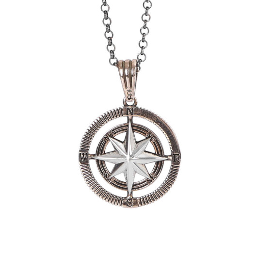 925 Sterling Silver Compass Men's Necklace With Bronze-Silver Chain Model2