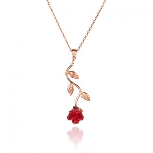 925 Sterling Silver Elegant Red Rose Necklace