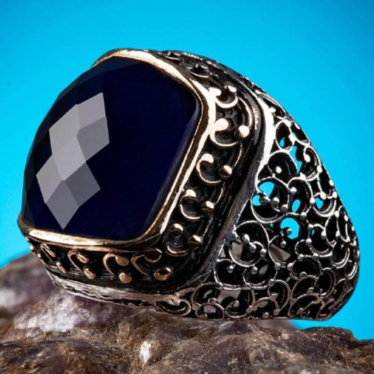 خاتم رجالي من الفضة عيار 925 مرصع بحجر الزركون الأزرق