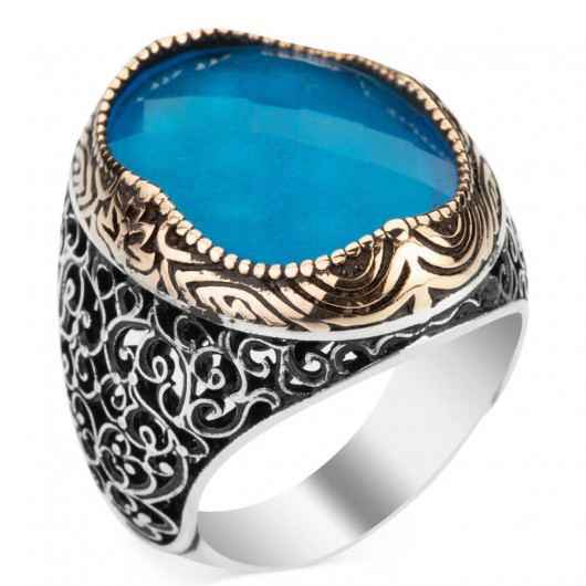 Light Blue Zircon Stone Embellished Sterling Silver Men's Ring