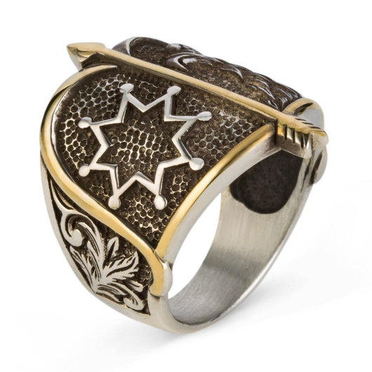 Alparslan Great Seljuk Falcon Pattern Starry Silver Men's Ring