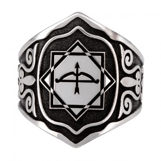 Alparslan Great Seljuk Eight-Pointed Star Arrow Bow Men's Silver Zihgir Ring