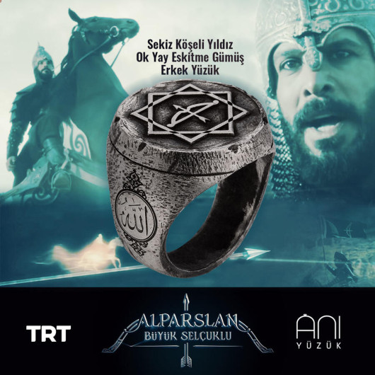 Alparslan Great Seljuk Eight-Pointed Star Arrow Bow Tumbled Silver Men's Ring