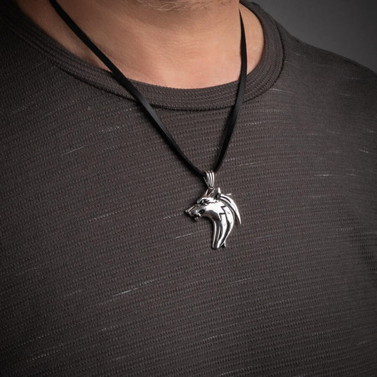 Alpha Wolf 925 Sterling Silver Wolf Men's Necklace With Leather Cord
