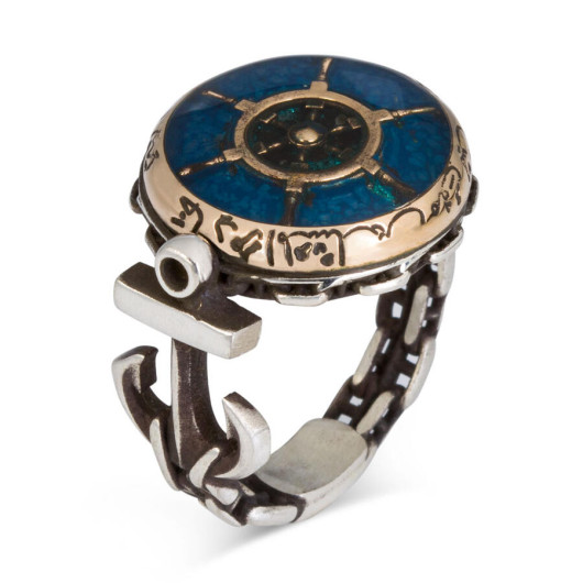خاتم رجالي من الفضة عيار 925  شكل مرساة وسلسلة من الفضة المطلية باللون الأزرق