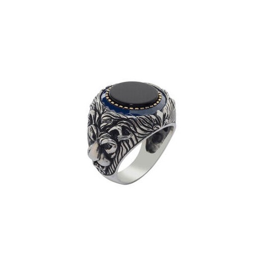 Men's Silver Ring With A Lion Engraving With A Black Onyx Stone