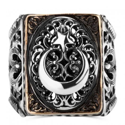 Moon Star Figured Silver Men's Ring Without Stone