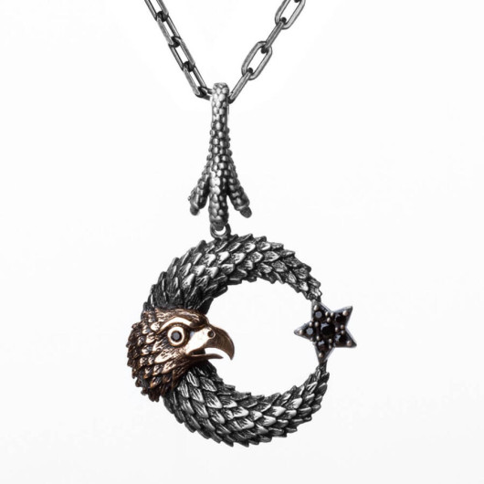 Silver Men's Necklace With Moon Star Hawk Motif And Black Stone