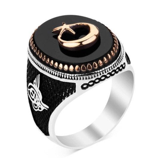 Crescent Star Black Onyx Stone Embroidered Silver Ring For Men