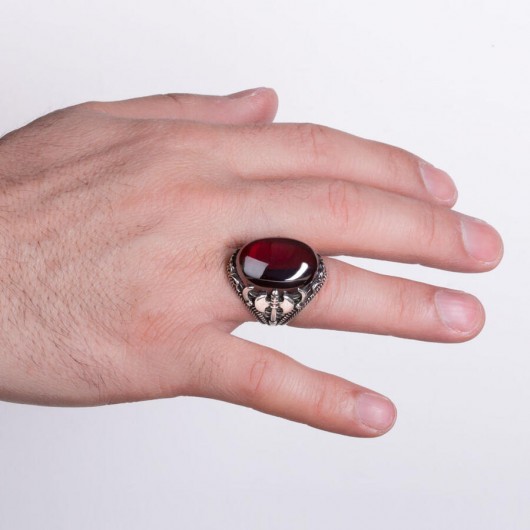 Ax Figured Silver Men's Ring With Red Oval Zircon Stone