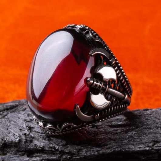 Ax Figured Silver Men's Ring With Red Oval Zircon Stone