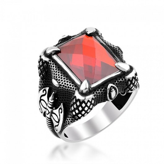 Men's Silver Ring With Red Zircon Stone Engraved With Ax Shape