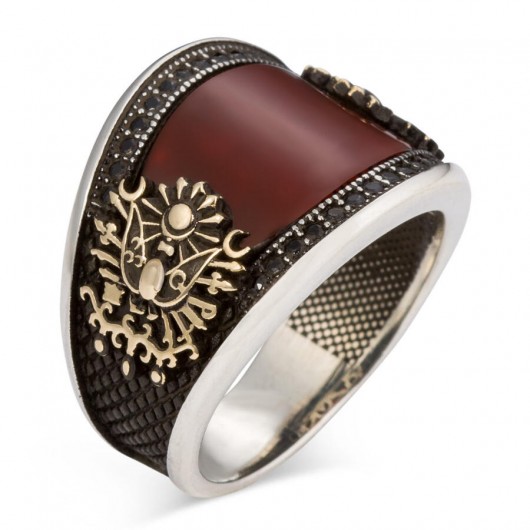 Convex Mini Stone Embellished Dark Claret Red Agate Ottoman Arma Sterling Silver Men's Ring