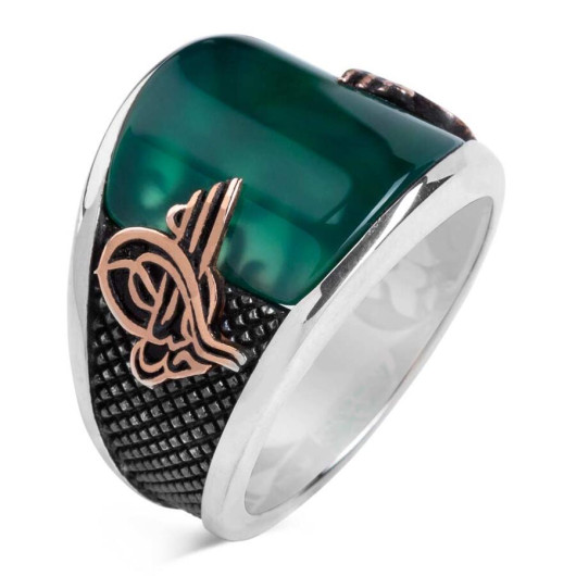 Convex Green Agate Stone Tugra Modern Sterling Silver Men's Ring