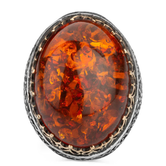 Large Synthetic Amber Stone Sterling Silver Men's Ring