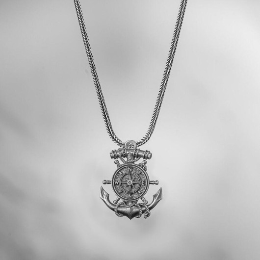 Ship's Helm Themed 925 Sterling Silver Men's Necklace Engraved On Anchor