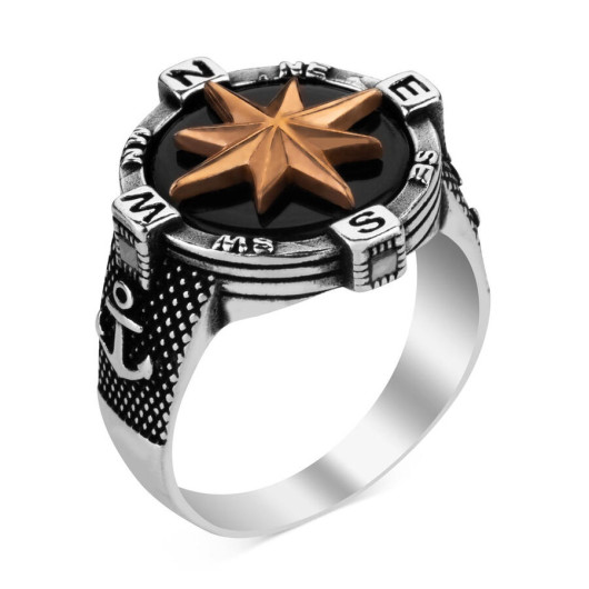 Anchor Compass Design Sterling Silver Men's Ring