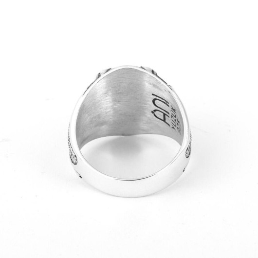 Double Headed Eagle Motif Crescent And Star Detailed Red Stone Sterling Silver Men's Ring