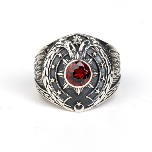 Double Headed Eagle Motif Crescent And Star Detailed Red Stone Sterling Silver Men's Ring