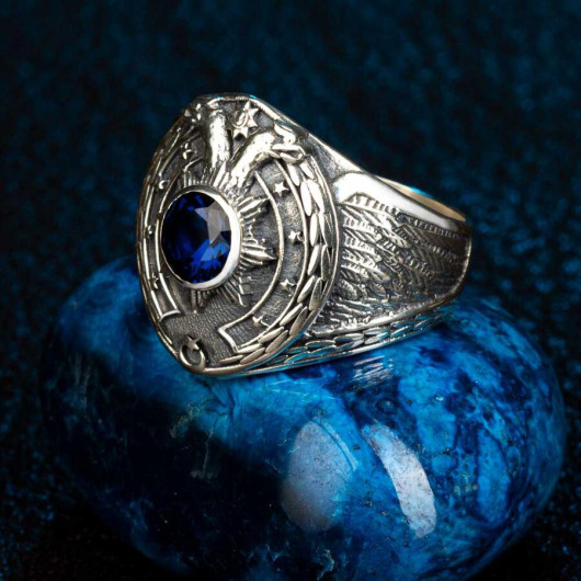Double Headed Eagle Motif Crescent And Star Detailed Blue Stone Sterling Silver Men's Ring