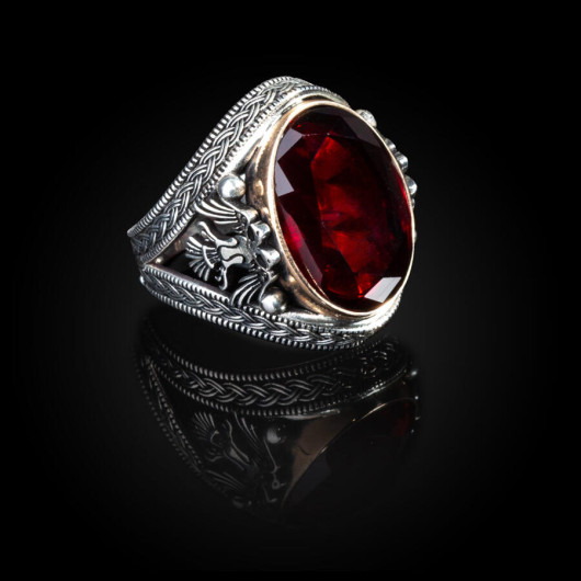 Double Headed Eagle Motif Blood Red Zircon Stone Sterling Silver Ring