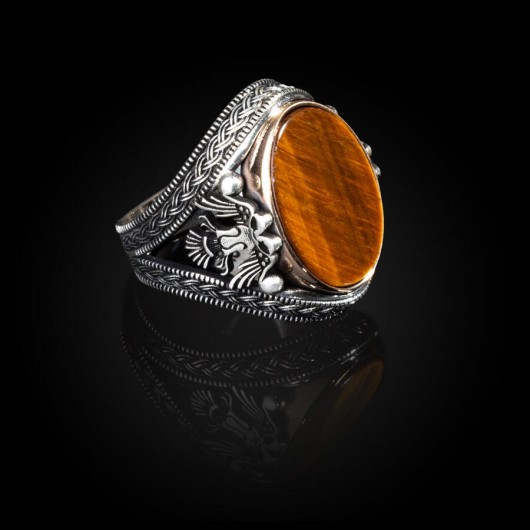 Double Headed Eagle Motif Tiger Eye Stone Sterling Silver Ring