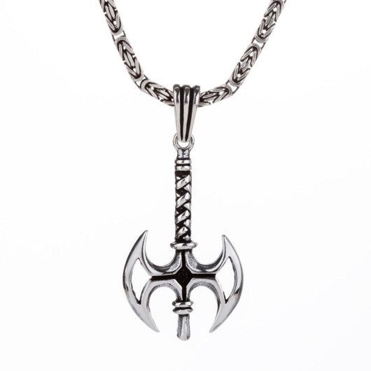 Double Sided Ax 925 Sterling Silver Men's Necklace With King Chain