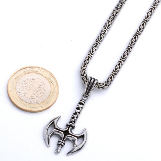Double Sided Ax 925 Sterling Silver Men's Necklace With King Chain