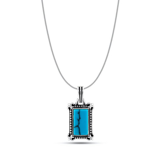 Rectangle Turquoise Turquoise Stone Silver Men's Necklace With Chain Model1