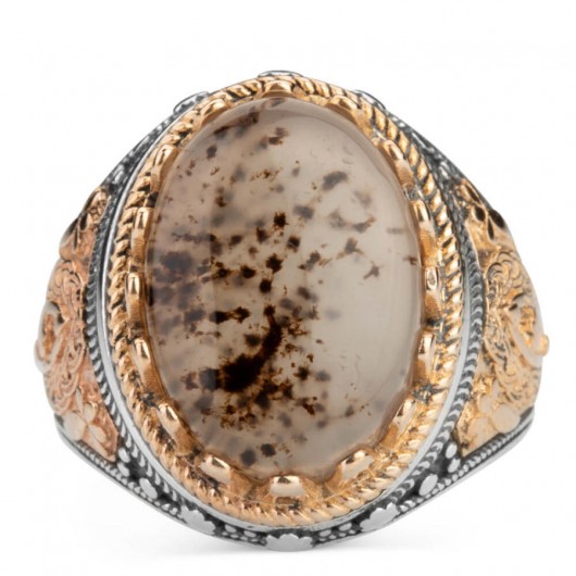 Natural Agate Stone Symmetrical Patterned Sterling Silver Men's Ring