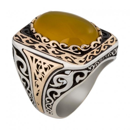 Yellow Stone Sterling Silver Men's Ring On A Square Platform