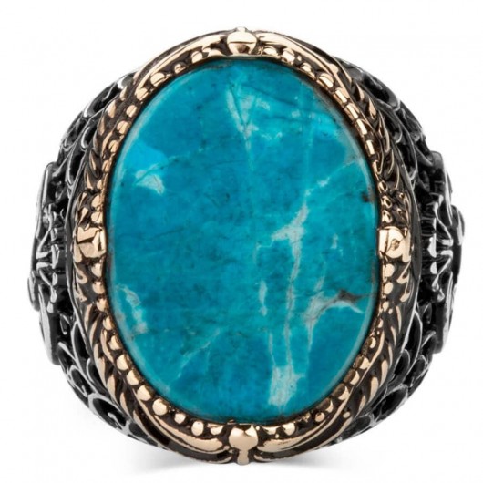 Plain Turquoise Turquoise Stone Vav Figured Sterling Silver Men's Ring