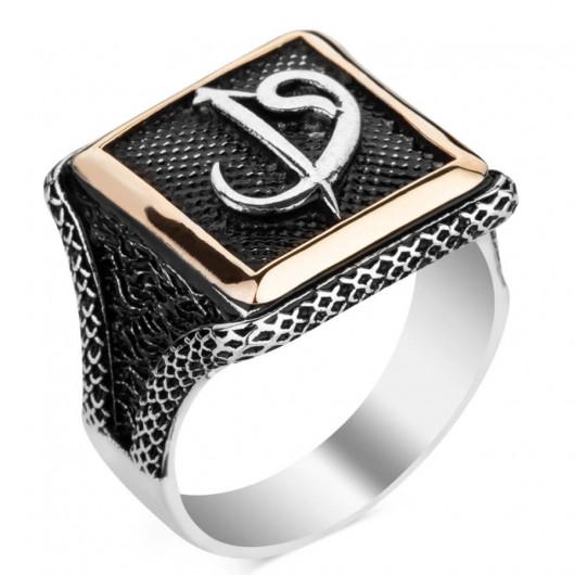 Elif-Vav Patterned Square Design Men's Silver Ring