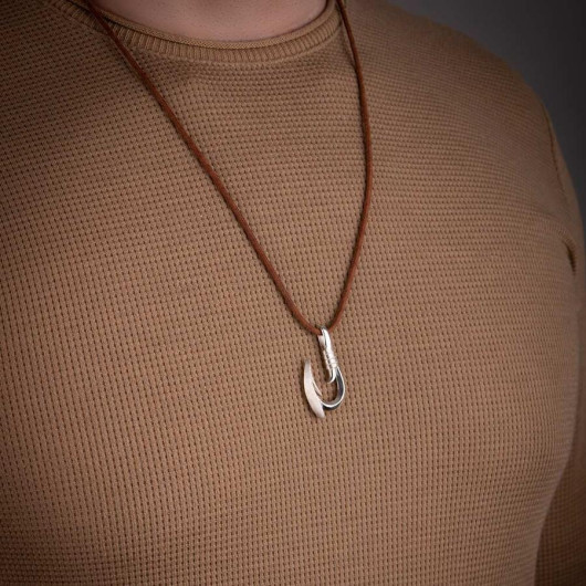 Men's 925 Sterling Silver Hook Necklace Leather Drawstring