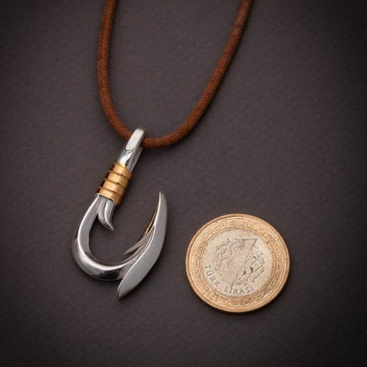 Men's 925 Sterling Silver Hook Necklace Gold Detailed Leather Cord